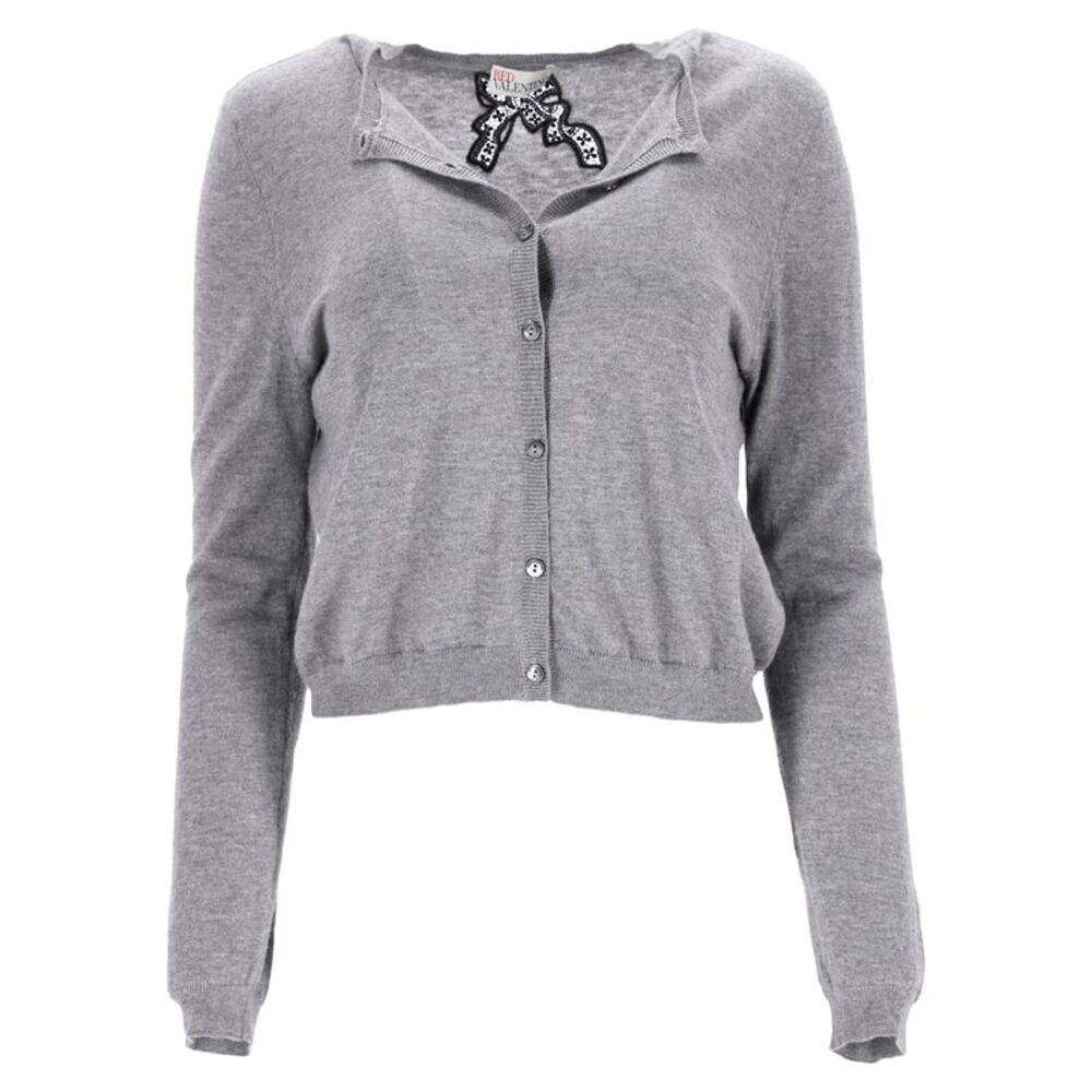 RED Valentino Bow-Embellished Cardigan in Grey Wool